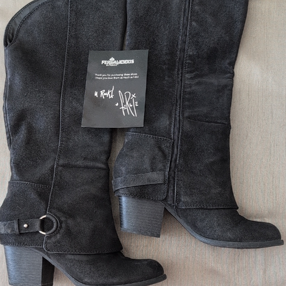 Fergalicious Black Suede Mid-Calf Ring-Accent Heeled Boots